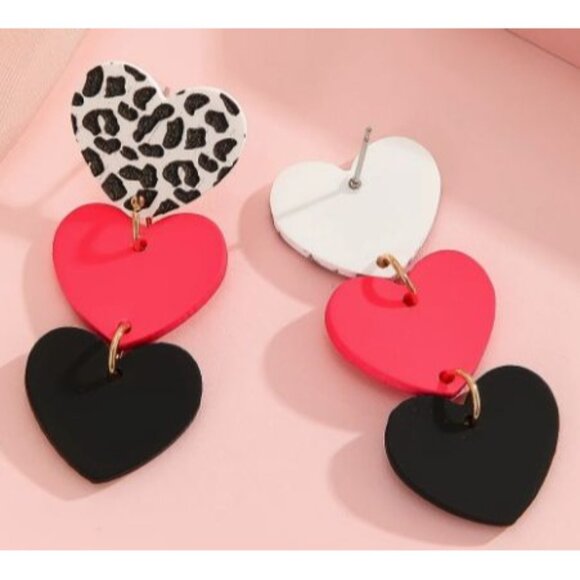Leopard & Solid Color Heart Dangle Earrings - Picture 3 of 3